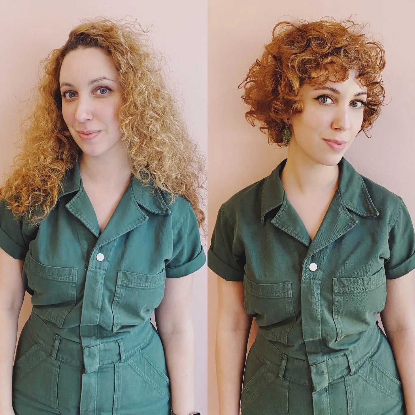 Femme avec une coupe courte aux boucles volumineuses et frange frisée, mise en valeur du regard et des pommettes pour un style doux et romantique.