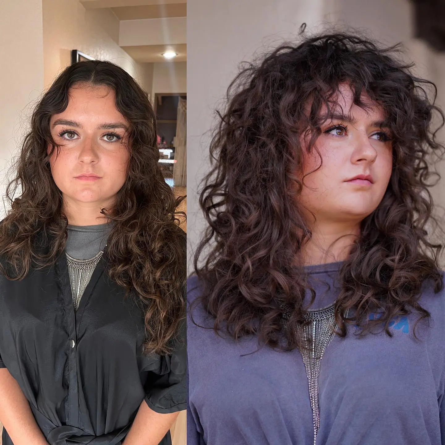 Femme avec une coupe wolf shaggy sur cheveux bouclés ou ondulés, volume texturé et dégradé accentuant le mouvement naturel.