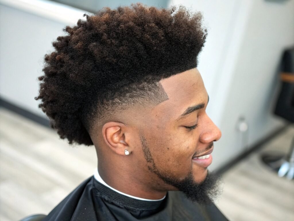 Coupe de cheveux masculine Afro Dégradé Artistique photo coiffure homme dégradé avec volume circulaire afro