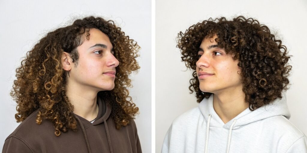 Avant/Après - Cheveux Bouclés Bien et Mal Entretenus Comparaison avant/après d'une personne montrant la différence entre des cheveux bouclés mal entretenus et des boucles saines et bien définies grâce à une routine de soins capillaires adaptée.