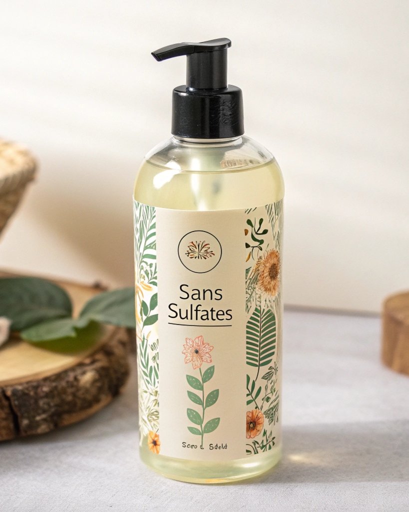 Shampoing Naturel Sans Sulfates - Soins pour Cheveux Bouclés Bouteille de shampoing naturel sans sulfates, idéale pour les cheveux bouclés, favorisant une hydratation et une définition optimales des boucles.veux Bouclés