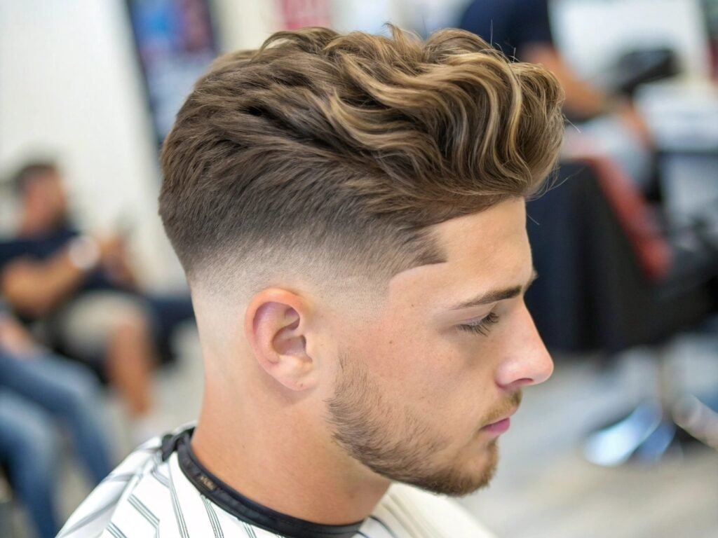 Coupe de cheveux masculine Side Sweep Fade coiffure dégradé homme avec texture beach waves