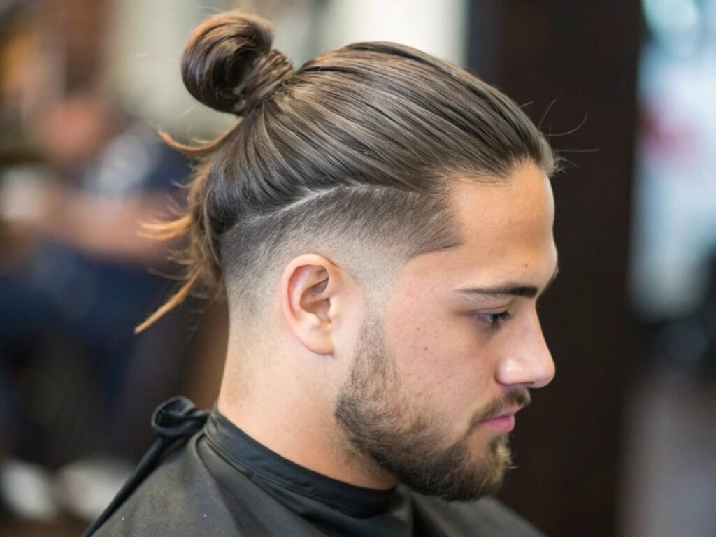 Coupe de cheveux masculine Man Bun Fade photo coiffure homme dégradé long avec chignon masculin
