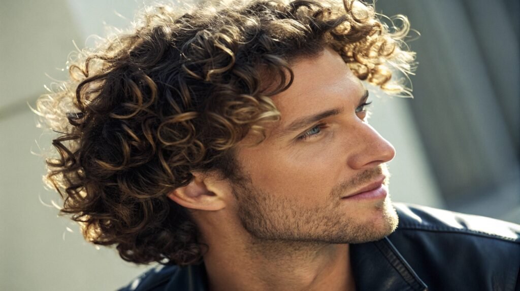 Homme aux cheveux bouclés courts à mi-longs Homme avec des cheveux bouclés courts à mi-longs, montrant des boucles bien définies grâce à une routine de soins capillaires adaptés aux cheveux bouclés.