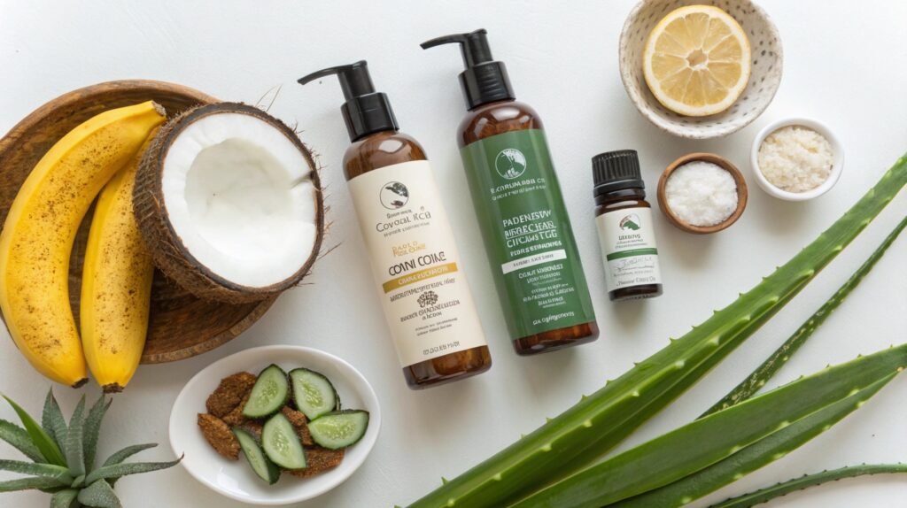 Ingrédients Naturels et Produits Professionnels pour Cheveux Bouclés Ingrédients naturels, tels que l'huile de coco et d'argan, à côté de produits professionnels pour cheveux bouclés, illustrant l'importance de combiner soin naturel et professionnel pour des boucles parfaites.