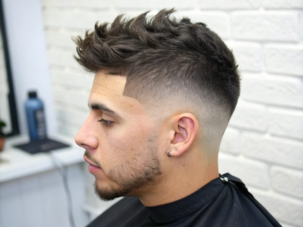 Coupe de cheveux masculine Burst Fade Éclaté coiffure dégradé homme avec transition radiale des tempes
