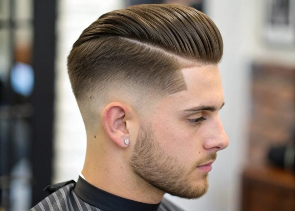 Coupe de cheveux masculine Dégradé Comb Over coiffure homme dégradé court avec part latéral et gel structurant
