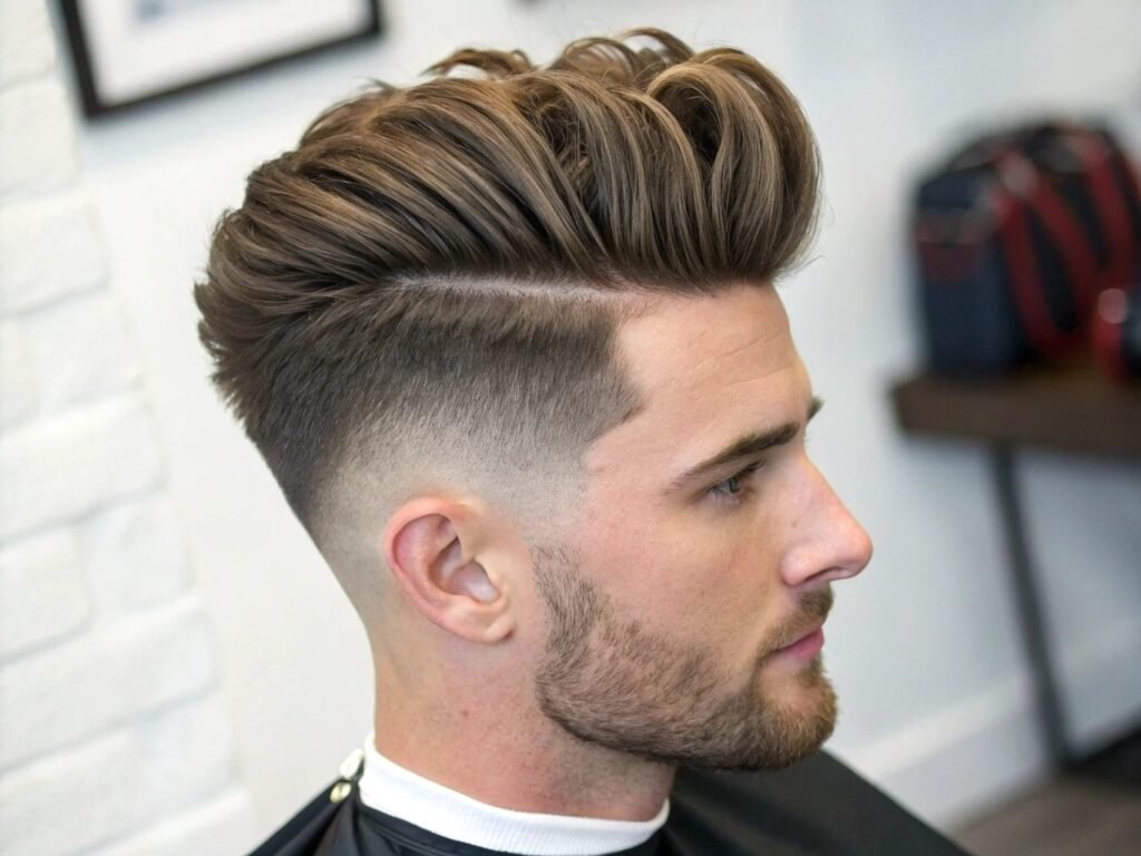 Coupe de cheveux masculine Quiff Élaboré coiffure dégradé homme avec volume projeté à 45 degrés