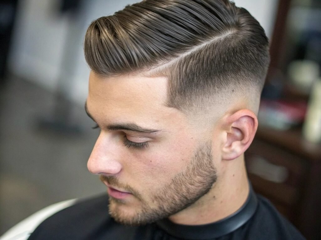Coupe de cheveux masculine Side Part Profond coiffure homme dégradé court avec raie latérale marquée