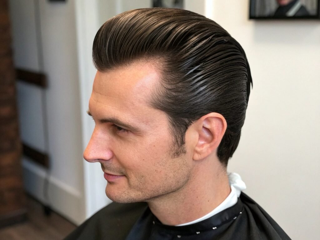 Coupe de cheveux masculine Slick Back Luxueux photo coiffure homme dégradé long plaqué arrière