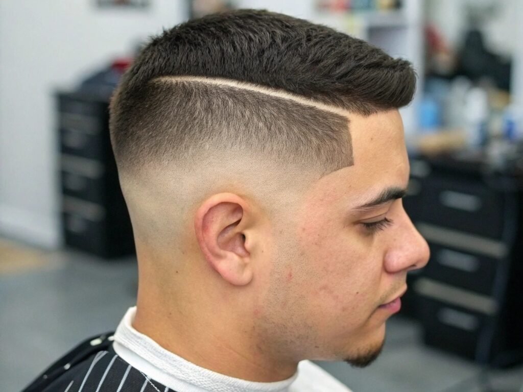 Coupe de cheveux masculine Temp Fade avec Lignes photo coiffure homme dégradé avec motifs linéaires gravés