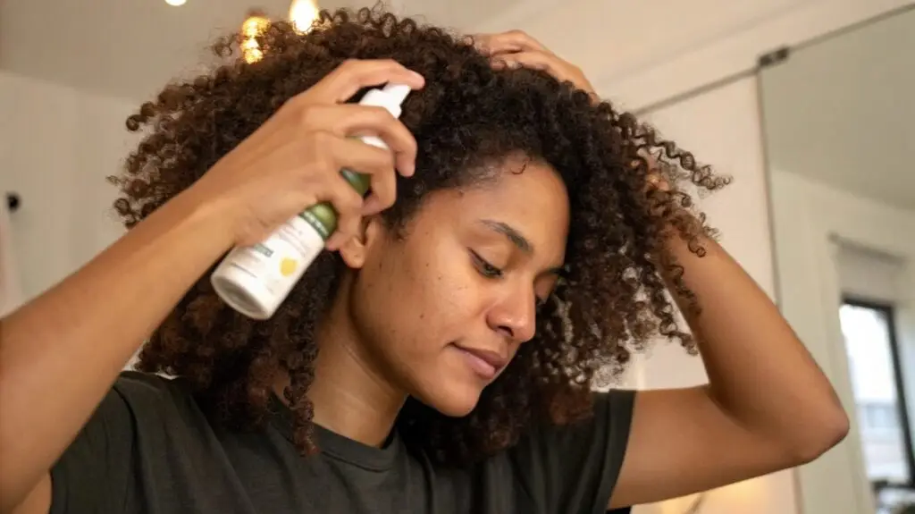 Application de Produits pour Cheveux Bouclés - Soins Capillaires en 2025 Personne appliquant un produit capillaire nourrissant sur ses cheveux bouclés, illustrant l'importance des soins adaptés pour des boucles saines et définies.