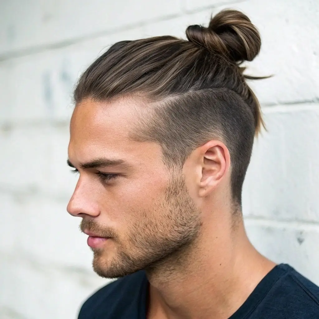 Man Bun / Top Knot : coiffure homme moderne avec chignon haut Homme avec un man bun ou top knot — cheveux longs attachés en chignon haut, style moderne et épuré.