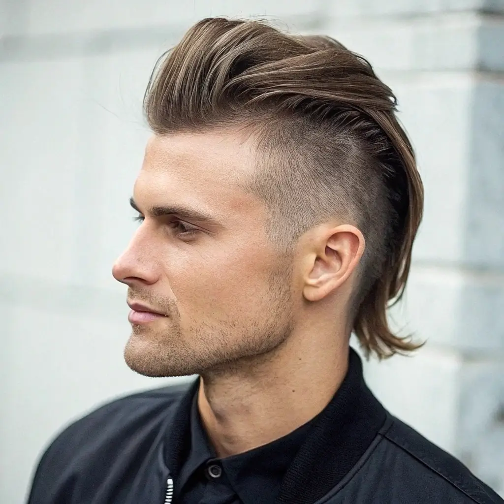 Mulet modernisé homme : coupe tendance avec nuque plus longue Homme avec un mulet modernisé — coupe audacieuse avec cheveux courts sur le dessus et les côtés, et plus longs à l’arrière, style contemporain.