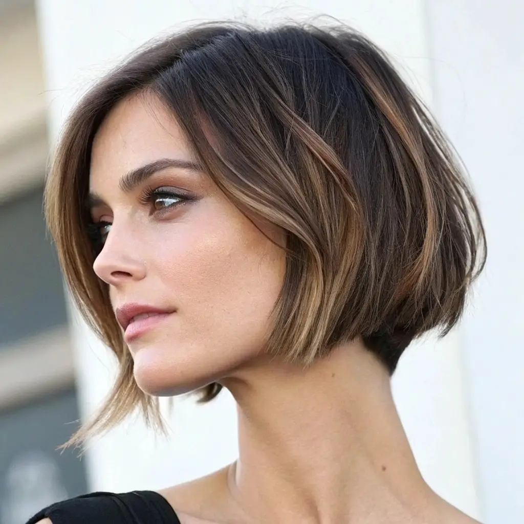 Carré dégradé italien pour un look chic et moderne Femme avec un carré dégradé à l’italienne, coupe élégante et structurée avec dégradé subtil.