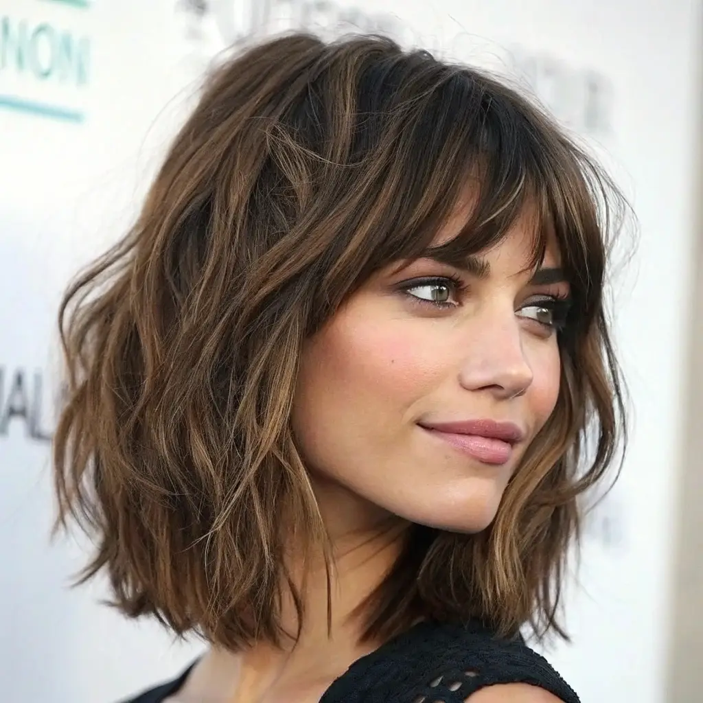Shag mi-long : coupe texturée au style rétro et moderne Femme avec une coupe shag mi-longue, effet dégradé texturé avec une finition naturelle et décontractée.