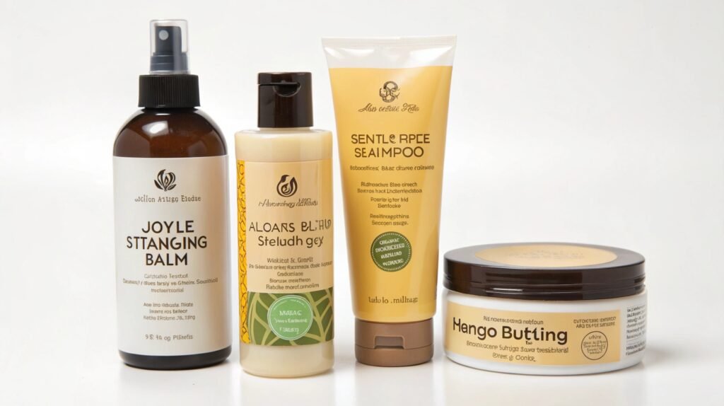 Ingrédients Naturels et Produits Professionnels pour Cheveux Bouclés Ingrédients naturels, tels que l'huile de coco et d'argan, à côté de produits professionnels pour cheveux bouclés, illustrant l'importance de combiner soin naturel et professionnel pour des boucles parfaites.