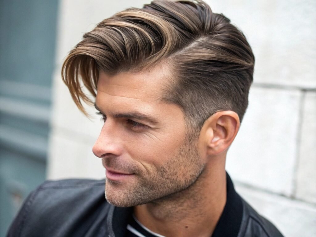 Coupe de cheveux masculine Side Sweep Fade coiffure homme dégradé long avec balayage latéral