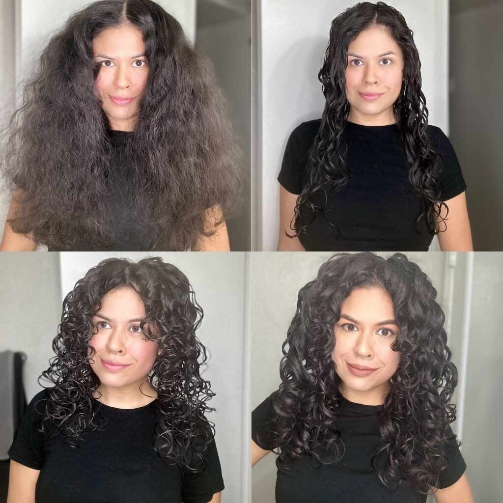 Visuel montrant chaque étape clé pour entretenir des cheveux bouclés : lavage, définition, hydratation et protection.